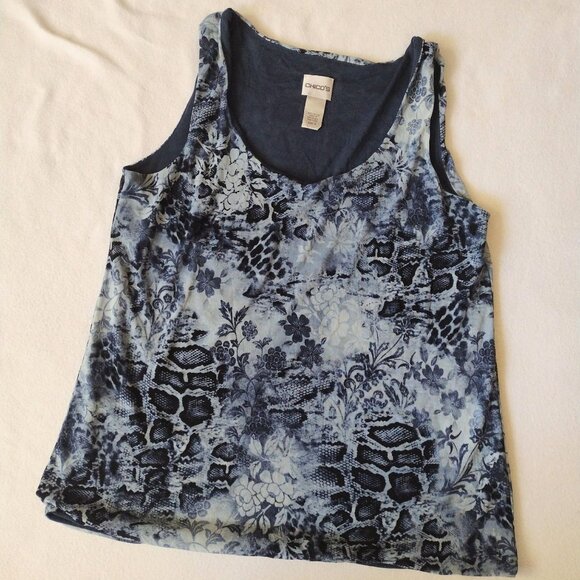 SALEChicos Floral Tank Top Sz 2 L Navy Sleeveless Mesh Basic Casual Top - Picture 1 of 8